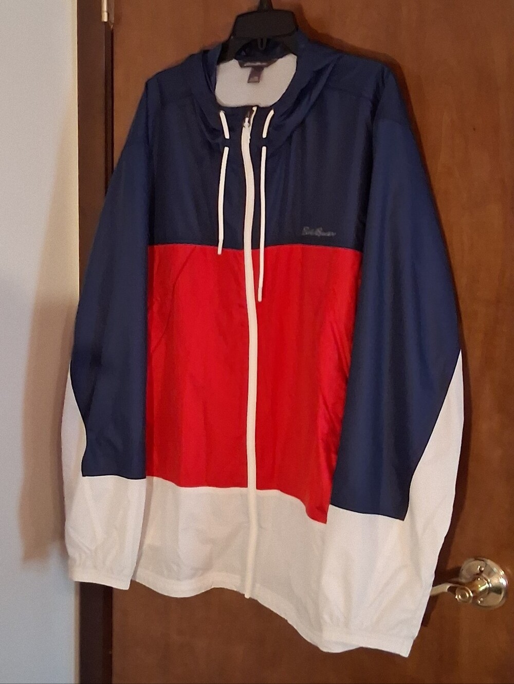 Eddie Bauer Men's XXL Hooded Windbreaker Jacket Red White Blue Colorblock